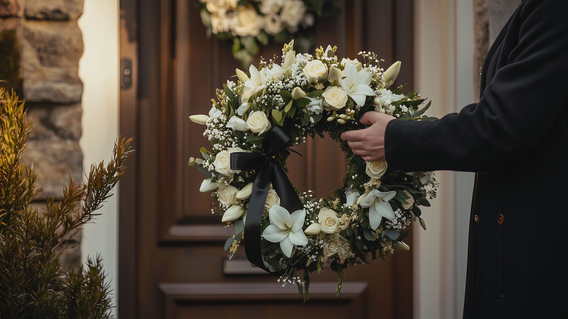 Livraison de gerbe de fleurs funéraire devant une porte d'entrée par un fleuriste