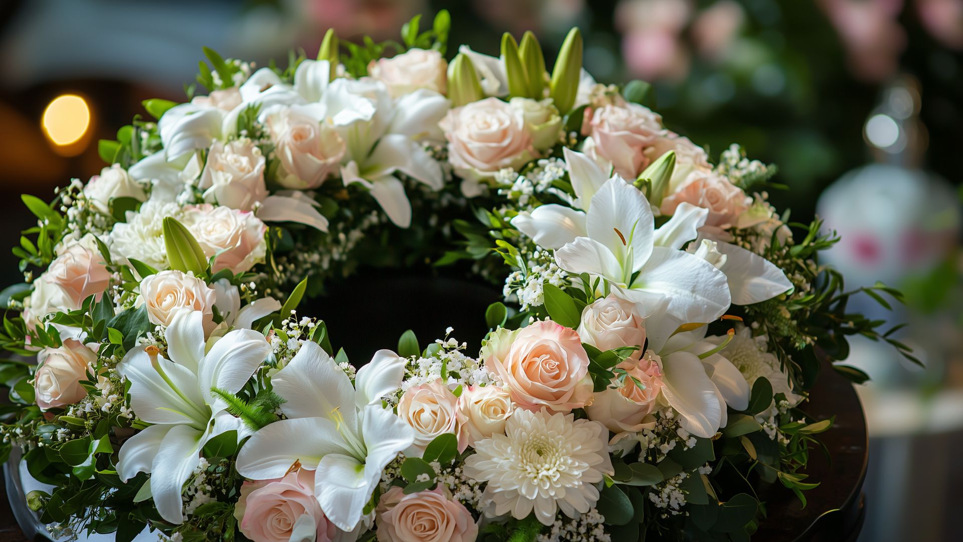 Couronne de fleurs blanches et roses pâles déposée sur un cercueil