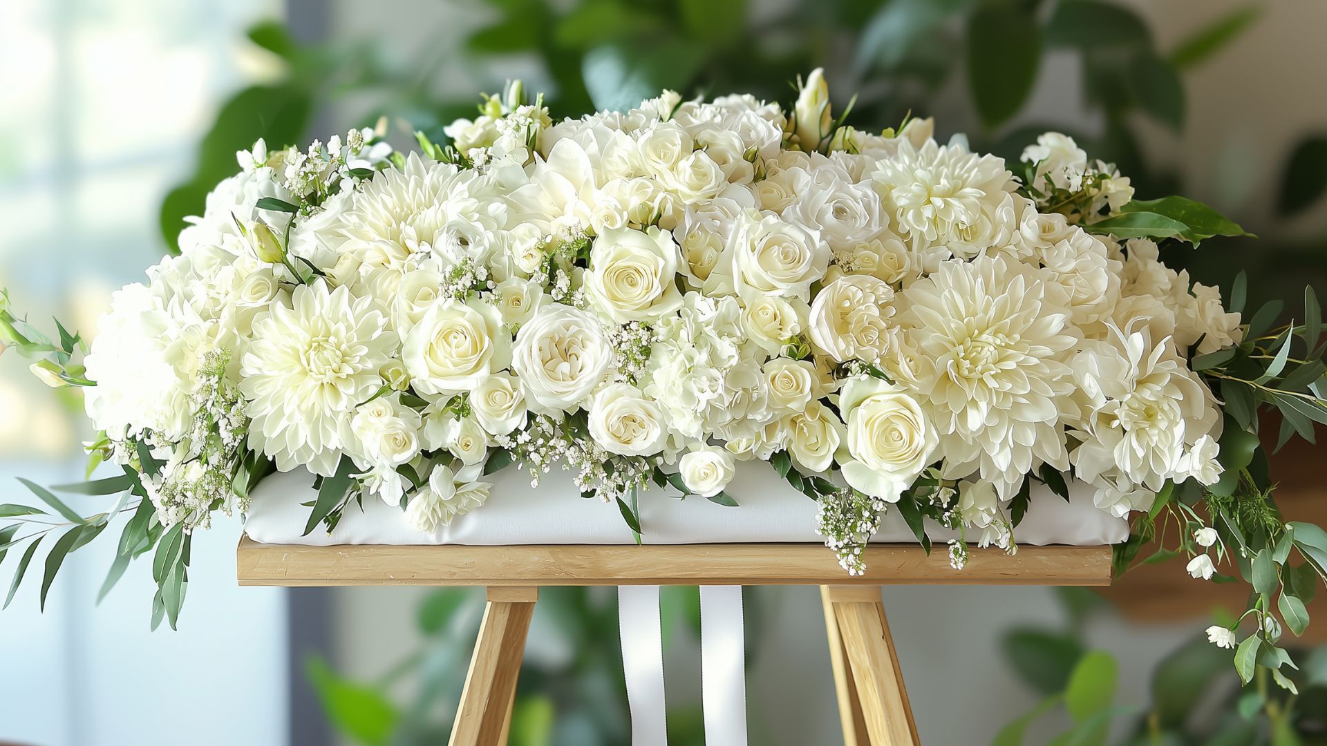 Coussin de fleurs pastel et blanches en hommage lors de funérailles